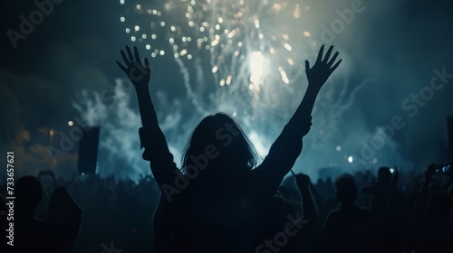 a crowd of people raising their hands in front of a spectacular fireworks display. celebration in the crowd. The atmosphere is filled with smoke and light, creating an ethereal effect. photo