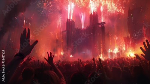 a crowd of people raising their hands in front of a spectacular fireworks display. celebration in the crowd. The atmosphere is filled with smoke and light, creating an ethereal effect.