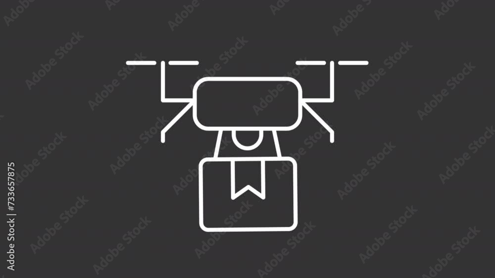 Animated delivering drone white icon. Robotic cargo transportation line animation. Advanced technology assistance. Isolated illustration on dark background. Transition alpha video. Motion graphic Animated delivering drone white icon. Robotic cargo transportation line animation. Advanced technology assistance. Isolated illustration on dark background. Transition alpha video. Motion graphic