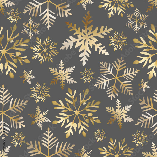 Symmetrical golden snowflake seamless pattern on gray background for wallpaper