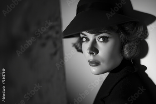 High-Contrast Black and White Image of Woman in Fedora