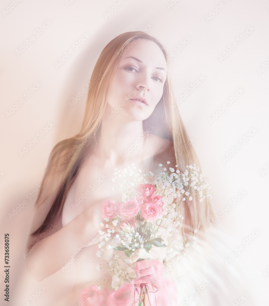 Young woman with bouquet of flowers. Double exposure effect. Young woman with bouquet of flowers. Double exposure effect.
