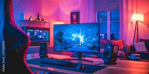 Vibrant Gamer's Haven with LED Lights and Dual Monitors - Gaming Setup