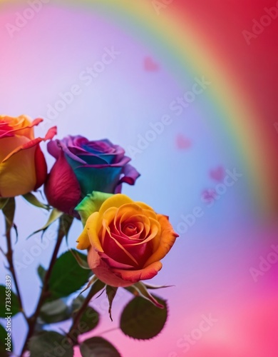 Beautifully arranged colorful bouquet of rainbow roses on blurred background.