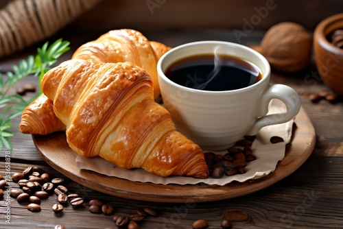 A pair of freshly baked croissants accompanied by a cup of steaming black coffee  served on a wooden tray with coffee beans.