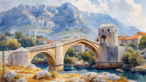 Watercolor painting of old stone bridge photo