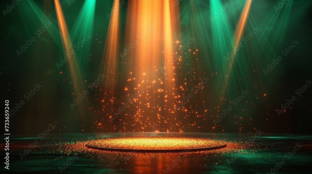 The premium teal stage background is decorated with gold particles and has a spotlight shining in the center. Create a luxurious and enchanting atmosphere.