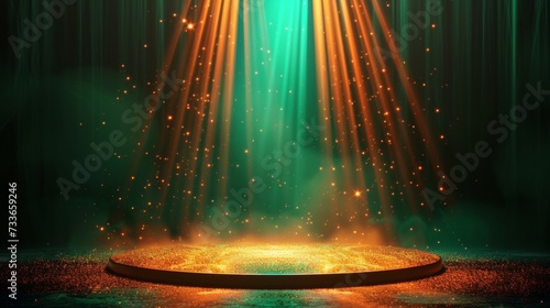 The premium teal stage background is decorated with gold particles and has a spotlight shining in the center. Create a luxurious and enchanting atmosphere. photo