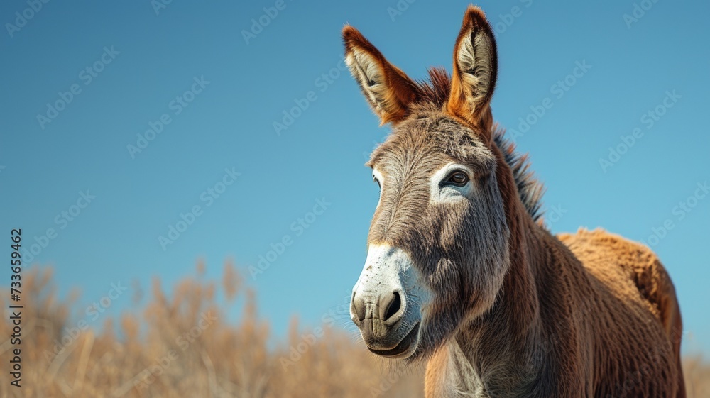 The cute donkey looks curiously