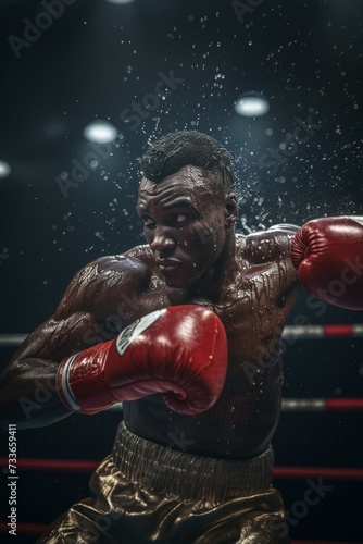 Boxer bracing for impact, droplets of sweat flying in the illuminated ring.