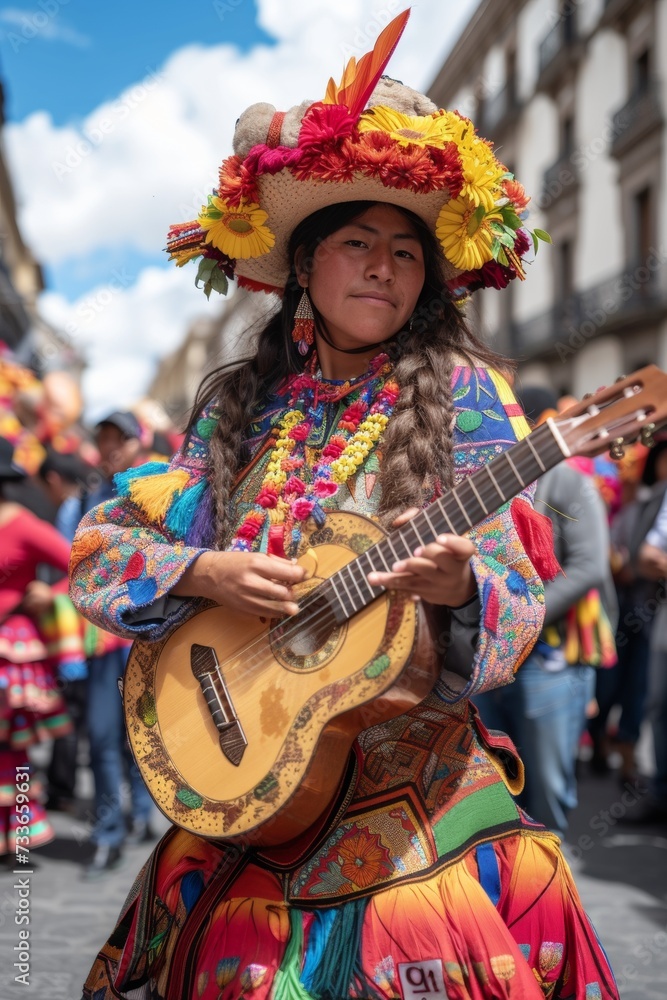Female musician in traditional woven dress plays guitar at a cultural event, her expression serene among the colorful crowd.
