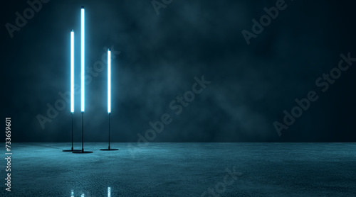 Minimalist light pillars and reflective floor in a dark misty setting. Exhibition concept. 3D Rendering photo