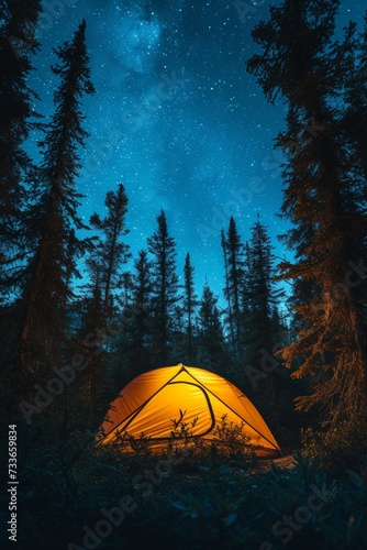 Illuminated tent under a starry sky amidst towering forest trees, capturing the tranquil essence of wilderness camping.