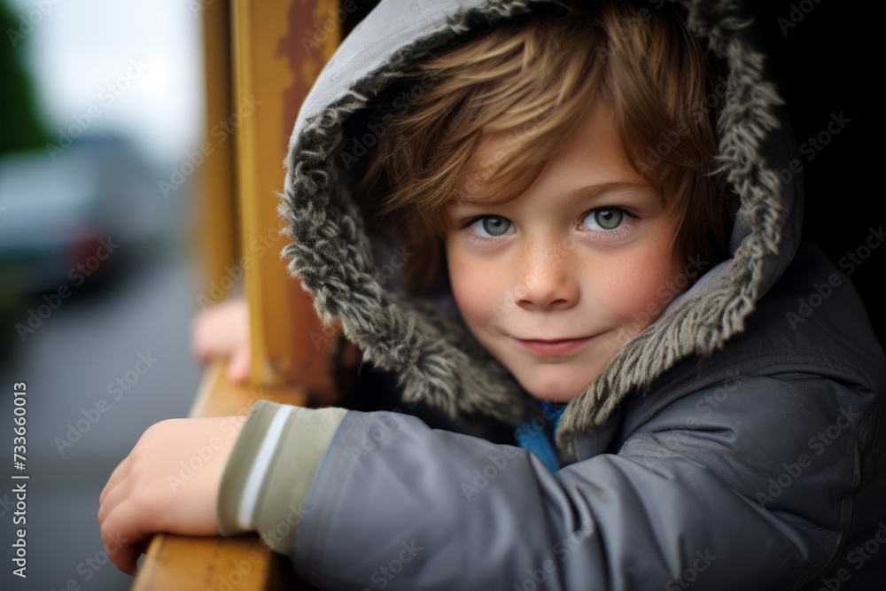Portrait of a little boy in a winter jacket looking at the camera. Portrait of a little boy in a winter jacket looking at the camera.