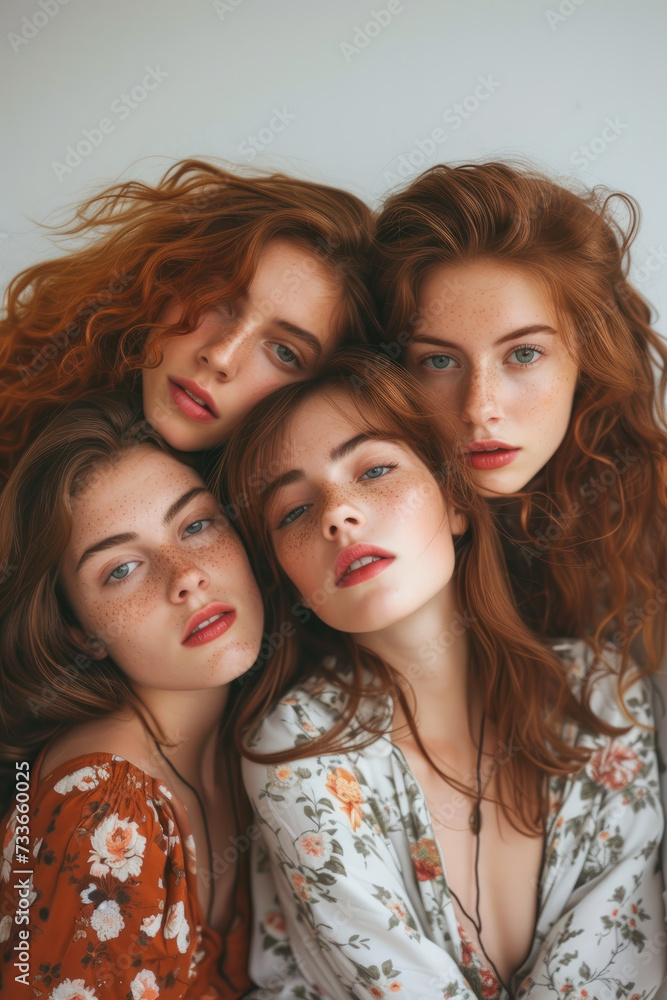 Obraz premium Intimate Portrait of Four Attractive Young Redheaded Women with Freckles