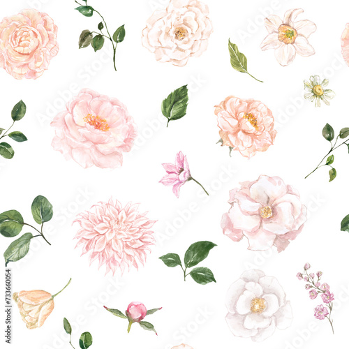 Floral seamless pattern featuring watercolor spring garden flowers and leaves. Botanical print.