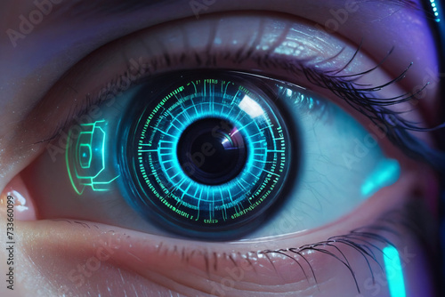 A close-up of a human eye with a futuristic cybernetic implant on iris, glowing with digital overlays and neon lights, evoking a sense of advanced technology and surveillance