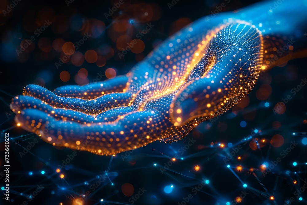 A glowing digital representation of a human hand connecting with a network of lights.