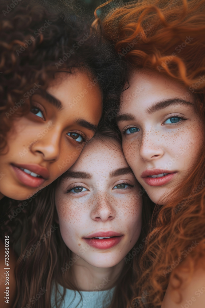Trio of Diversity: Intimate Portrait of Young Women with Freckles Trio of Diversity: Intimate Portrait of Young Women with Freckles