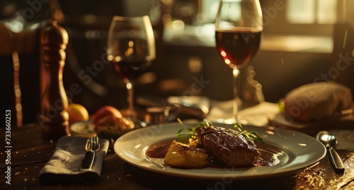 Intimate dinner ambiance with a succulent roast paired with red wine  evoking a sense of warmth and culinary delight in a softly lit setting.