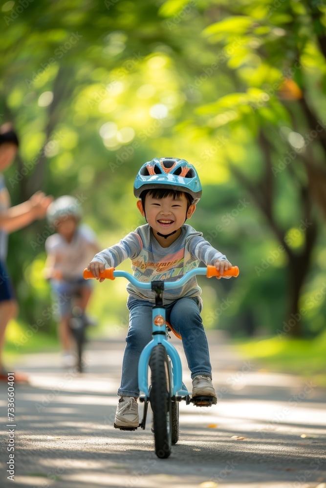 Cheerful young boy with a bright smile enjoys riding his blue bicycle in a sunlit park, wearing a protective helmet for safety. Cheerful young boy with a bright smile enjoys riding his blue bicycle in a sunlit park, wearing a protective helmet for safety.
