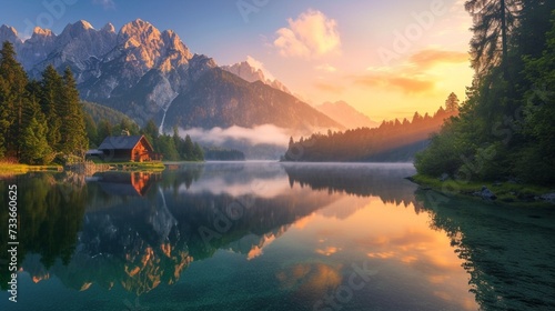 Dawn tranquility at Fusine Lake, Julian Alps Summer sunrise paints the sky with Mangart peak in the distance, presenting the beauty of nature in Udine, Italy