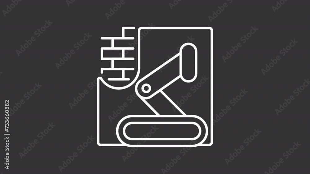 Animated robotic builder white icon. Automated building process line animation. Advancement robotic work. Isolated illustration on dark background. Transition alpha video. Motion graphic Animated robotic builder white icon. Automated building process line animation. Advancement robotic work. Isolated illustration on dark background. Transition alpha video. Motion graphic