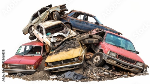 Pile of various damaged cars stacked against a clean white background for contrast.
