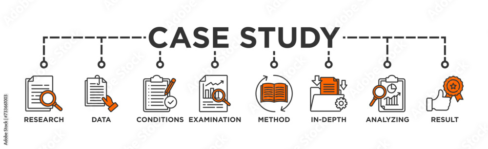Case study banner web icon vector illustration concept with icon of research, data, conditions, examination, method, in-depth, analyzing, and result Case study banner web icon vector illustration concept with icon of research, data, conditions, examination, method, in-depth, analyzing, and result