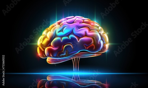 Colorful brain glowing in dark background
