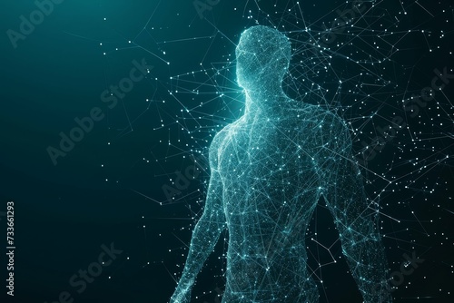 Wireframe design of a human figure with a digital network overlay.