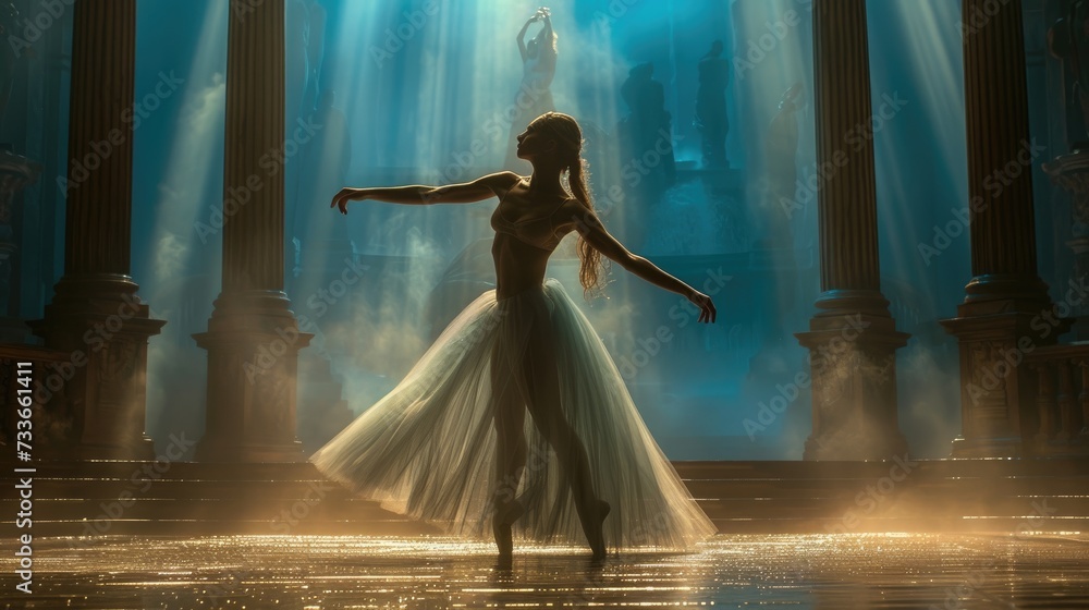 Solo Ballerina Captured in a Spotlight on Stage - obrazy, fototapety, plakaty 