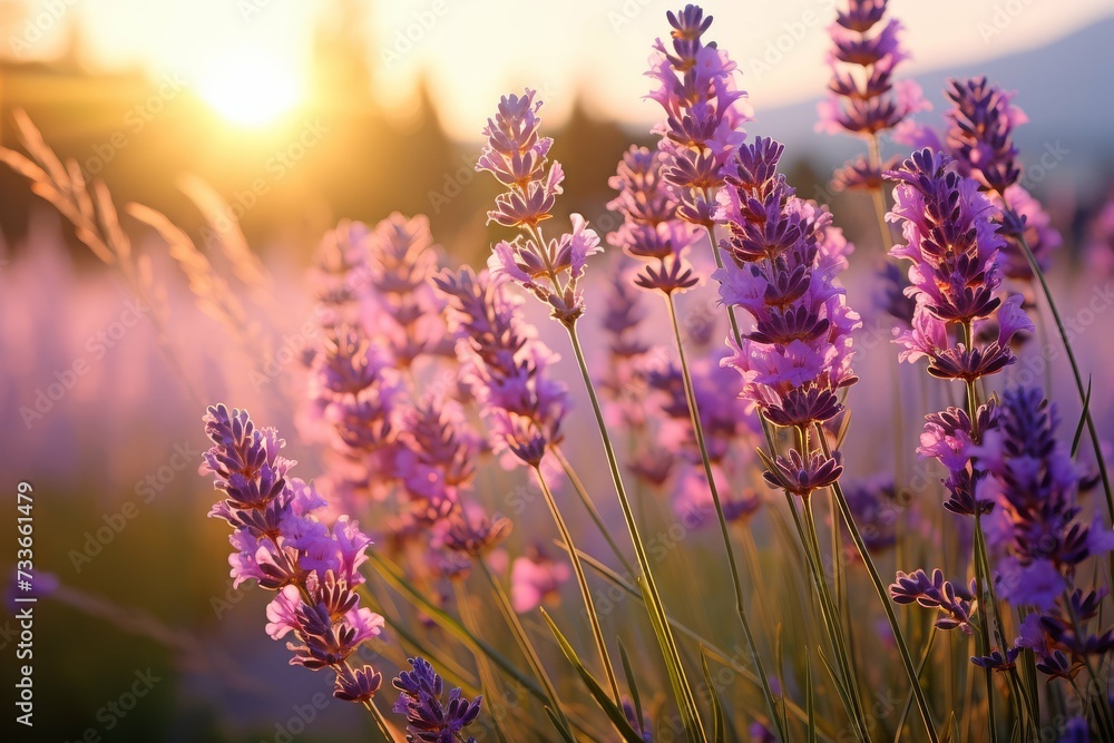 Obraz premium Sun setting over a vibrant field of blooming lavender.