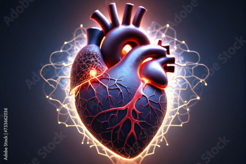 A digital illustration of a human heart glowing with intricate networks of light, symbolizing the complexity of cardiovascular health photo