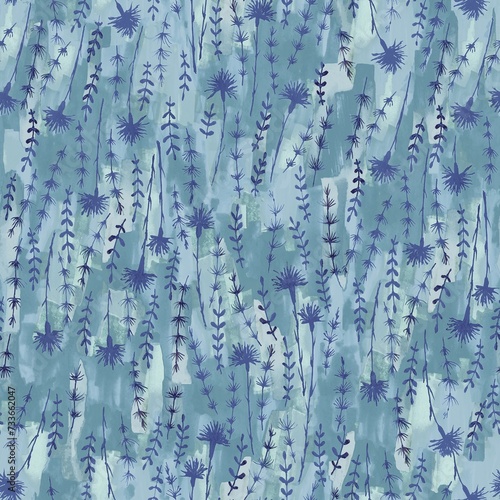 Abstract flowers and leaves repeat seamless pattern. Watercolor and digital hand-drawn pattern. mixed media for design of wallpaper, textiles, fabrics