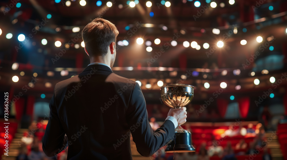 Man giving a acceptance speech while holding a cup on stage , awards ceremony concept image - obrazy, fototapety, plakaty 