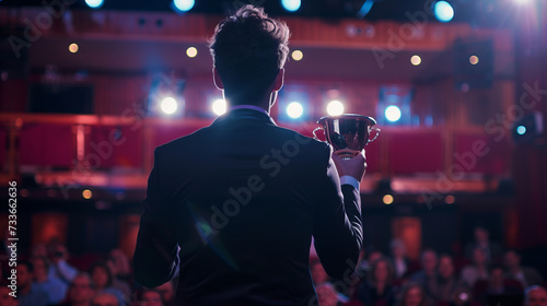 Man giving a acceptance speech while holding a cup on stage , awards ceremony concept image
