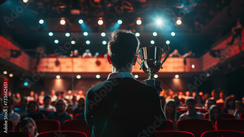 Man giving a acceptance speech while holding a cup on stage , awards ceremony concept image photo