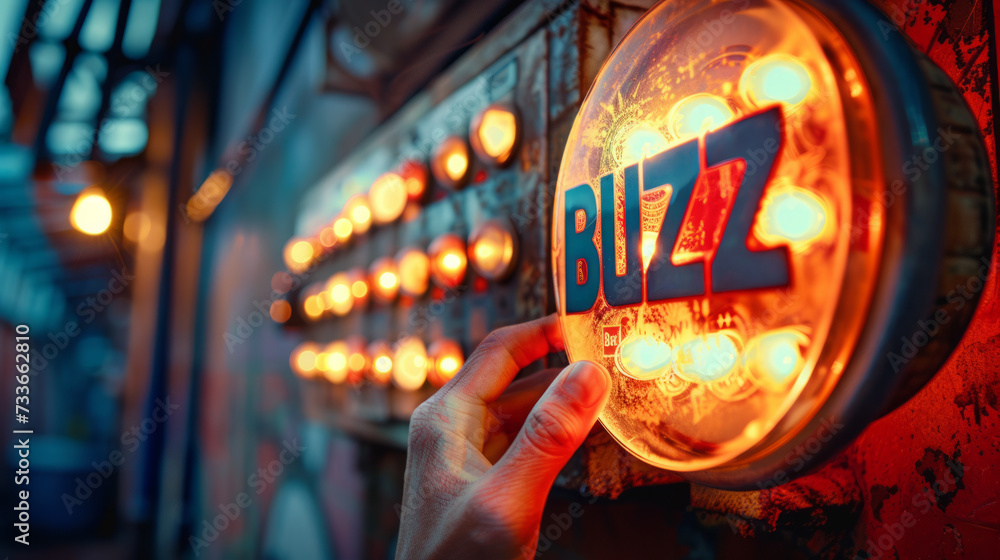 Buzz concept image with person hand touching a big buzzer button with written Buzz word