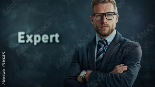 Portrait of an expert caucasian man in suit next to sign with word Expert
