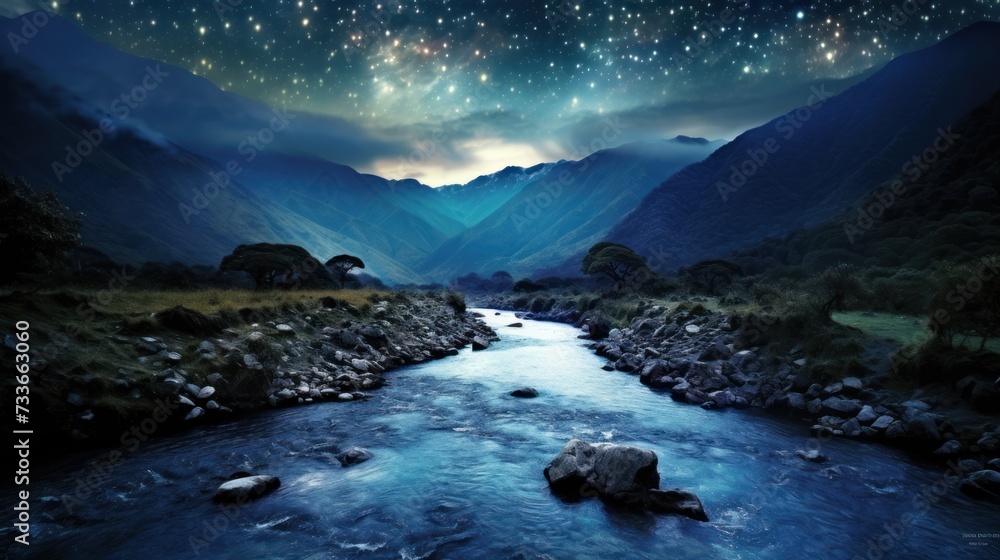 River with mountains in background and stars of milky way in sky
