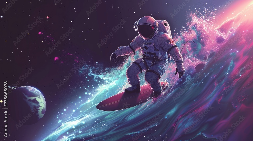 Astronaut surfing in the space among stars and planets - obrazy, fototapety, plakaty 