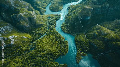aerial photography, top view, blue water flows through several mountains, the top of which is covered with green trees © standret