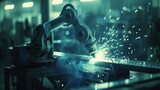 AI robot arm welding in a factory, assembling a car