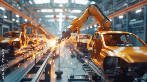 AI robot arm welding in a factory, assembling a car
