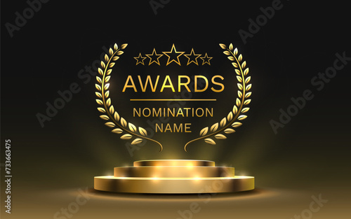 Awards nomination name podium, golden prize event, scene star ceremony. Vector illustration