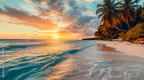 tropical beach view at sunset or sunrise with white sand, turquoise water and palm trees