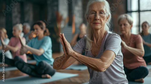 A photo of a yoga class  with people of all ages and fitness levels practicing different poses.