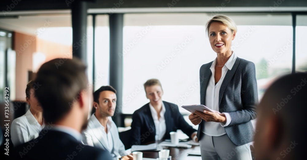 a boardroom setting, of a mature businesswoman confidently presenting her ideas to a group of attentive colleagues