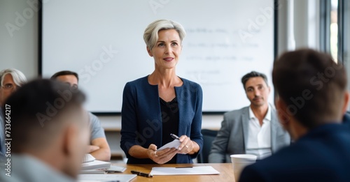 a boardroom setting, of a mature businesswoman confidently presenting her ideas to a group of attentive colleagues